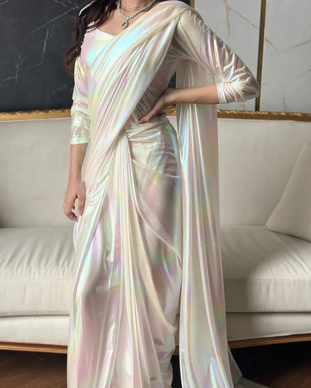 fancy satin white rainbow rfeady to wear saree - Image 4