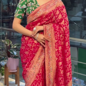 Exquisite Red Banarasi Saree with Zari Embroidery and Contrasting Green Blouse