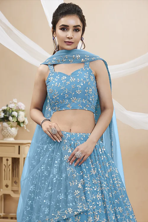 Sky Blue Sequins Georgette Wedding Wear Lehenga Choli – Radiant Elegance for Your Special Day - Image 4
