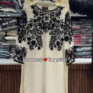 Elegant White Kurti Set with Black Floral Embroidery – Classic Ethnic Wear